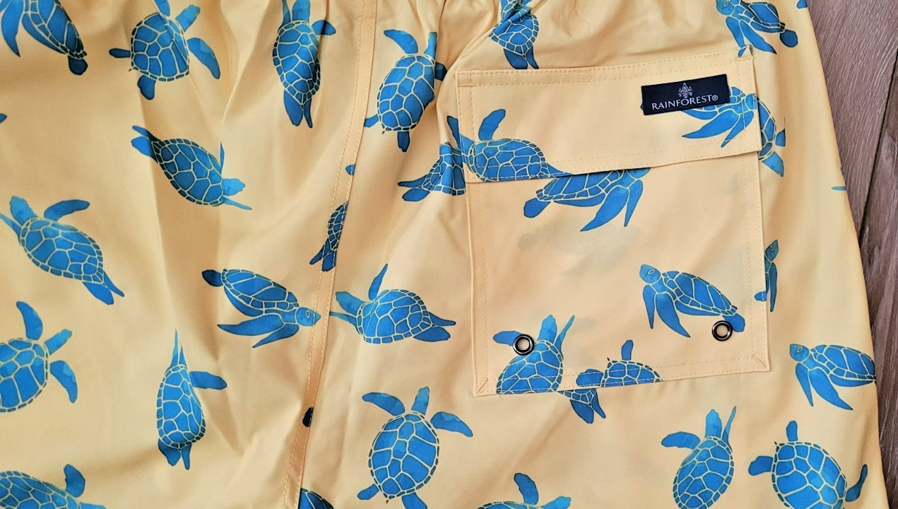 RainForest Mens Swim Trunks Shorts L Pull-On Stretch Waist Lined Turtles Yellow