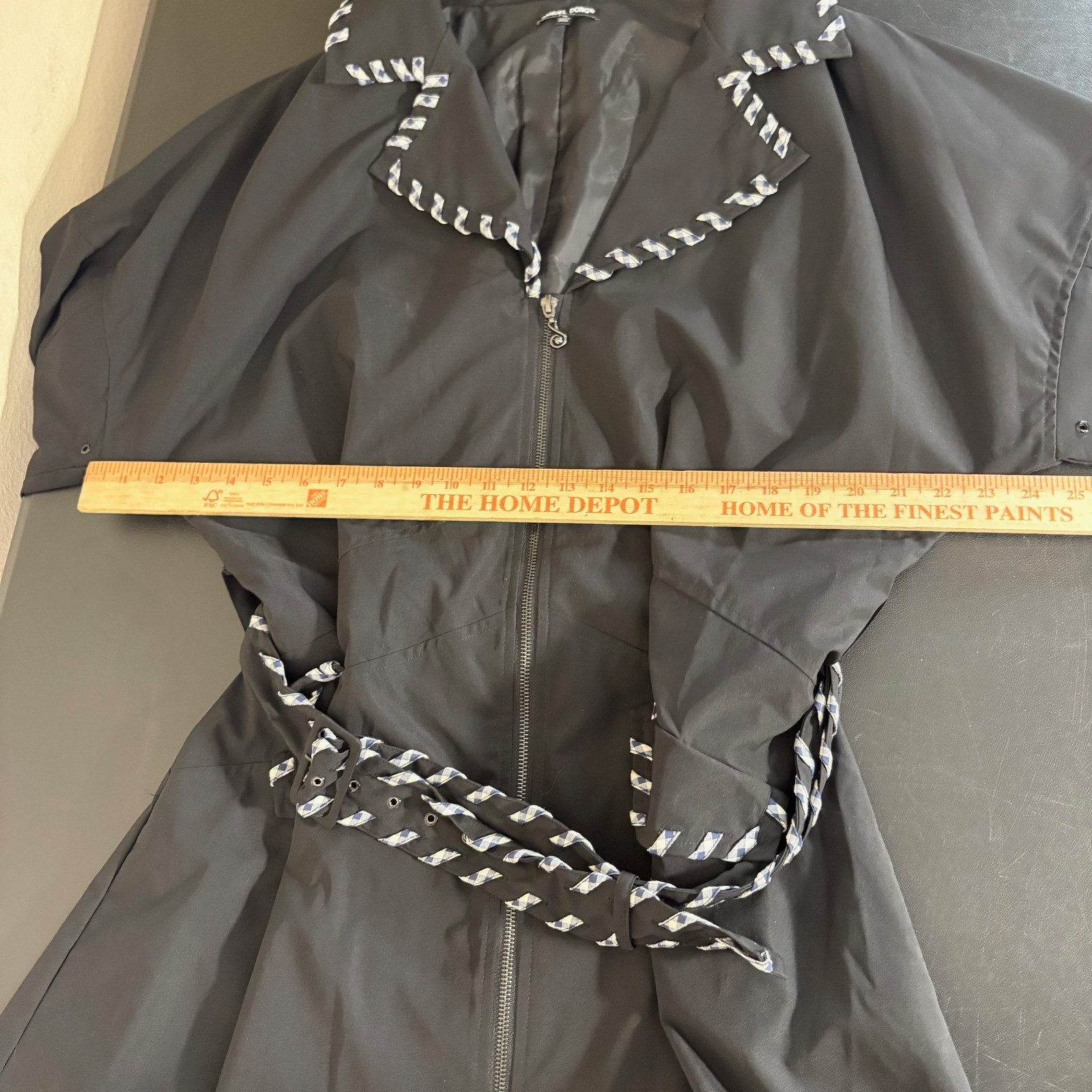 Samuel Dong Trench Coat Women’s XL Black Gingham Ribbon Wrap Trim Belted