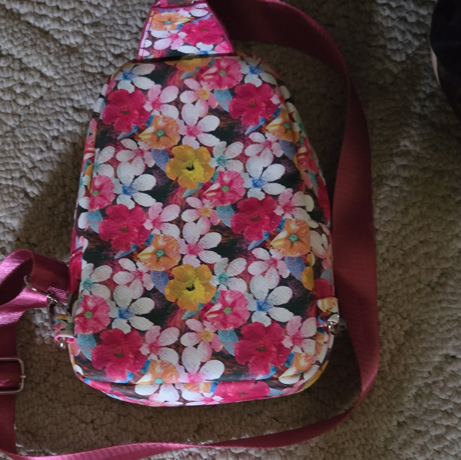 Floral Multicolor Crossbody Sling Bag, Zip, Adjustable Pink Strap, Silver HW