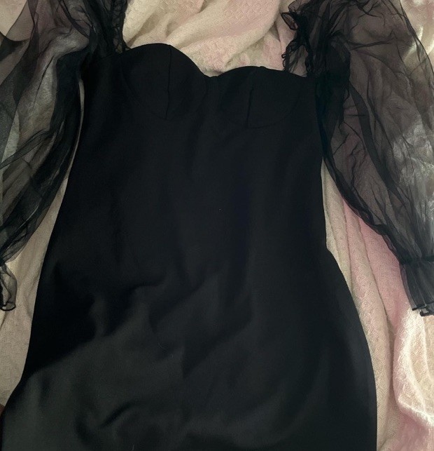 Women Black Sweetheart Neck Sheer Puff Long Sleeve Bodycon Midi Tulle Dress xl