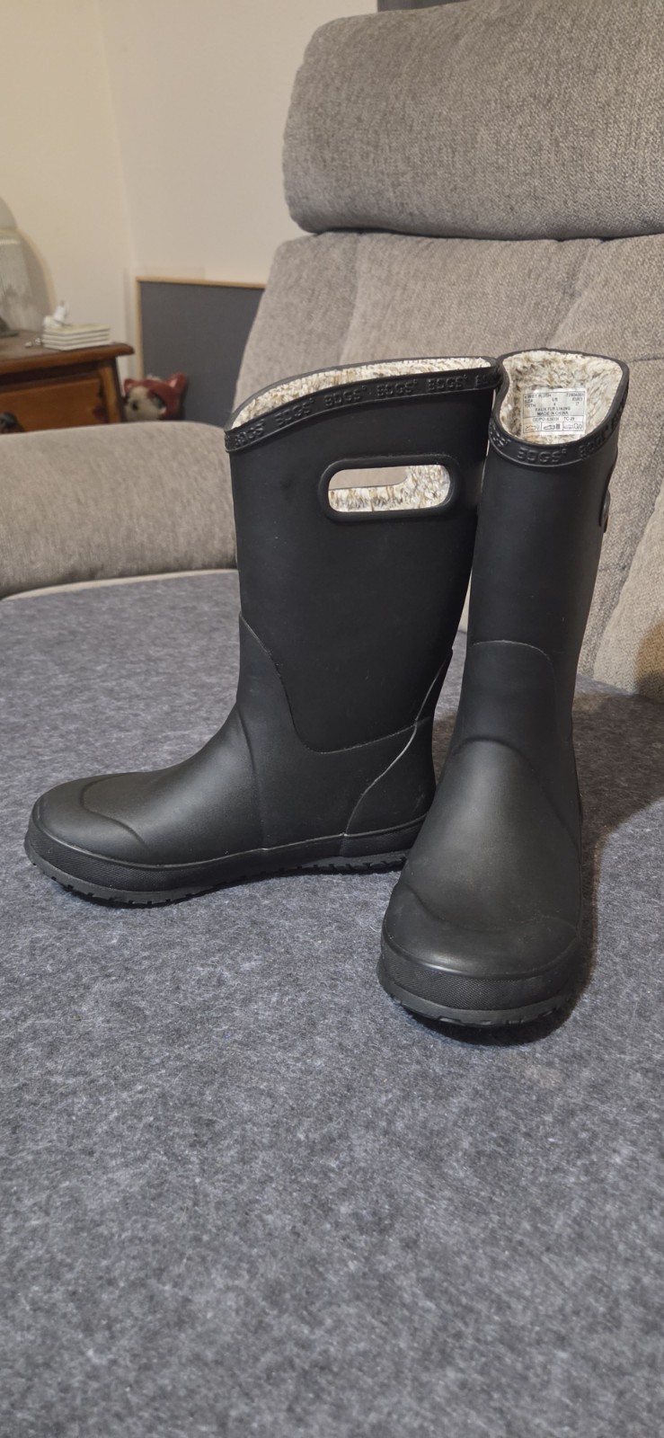 Bogs Rainboot Plush Kids Black Lined Pull-On Rain Boots US 4 EU 37