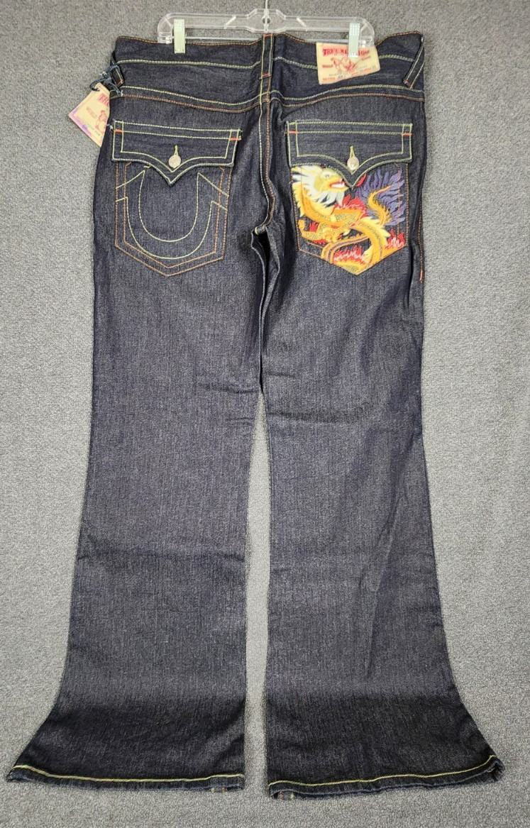 True Religion Joey Jeans Mens 38×35 Made in USA Dragon Embroidered Flare Raw Y2K