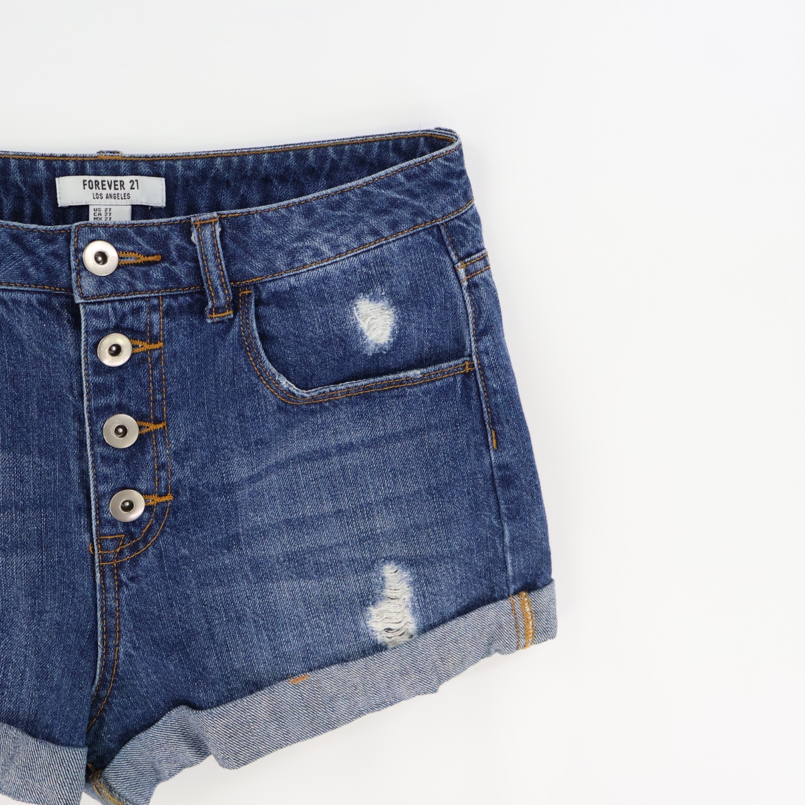Forever 21 Jean Shorts Distressed Cuffed Button Fly Womens WAIST: 27 INCHES Blue