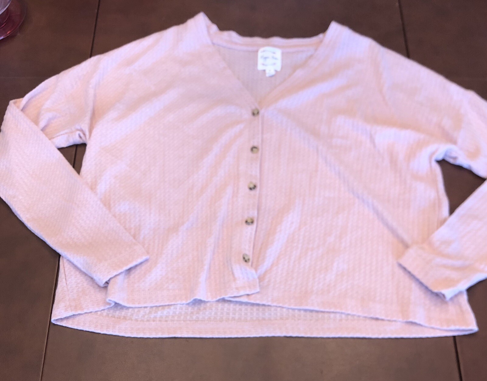 Hippie Rose Waffle-Knit Long Sleeve Cardigan- Pink. sz small Teens/Juniors