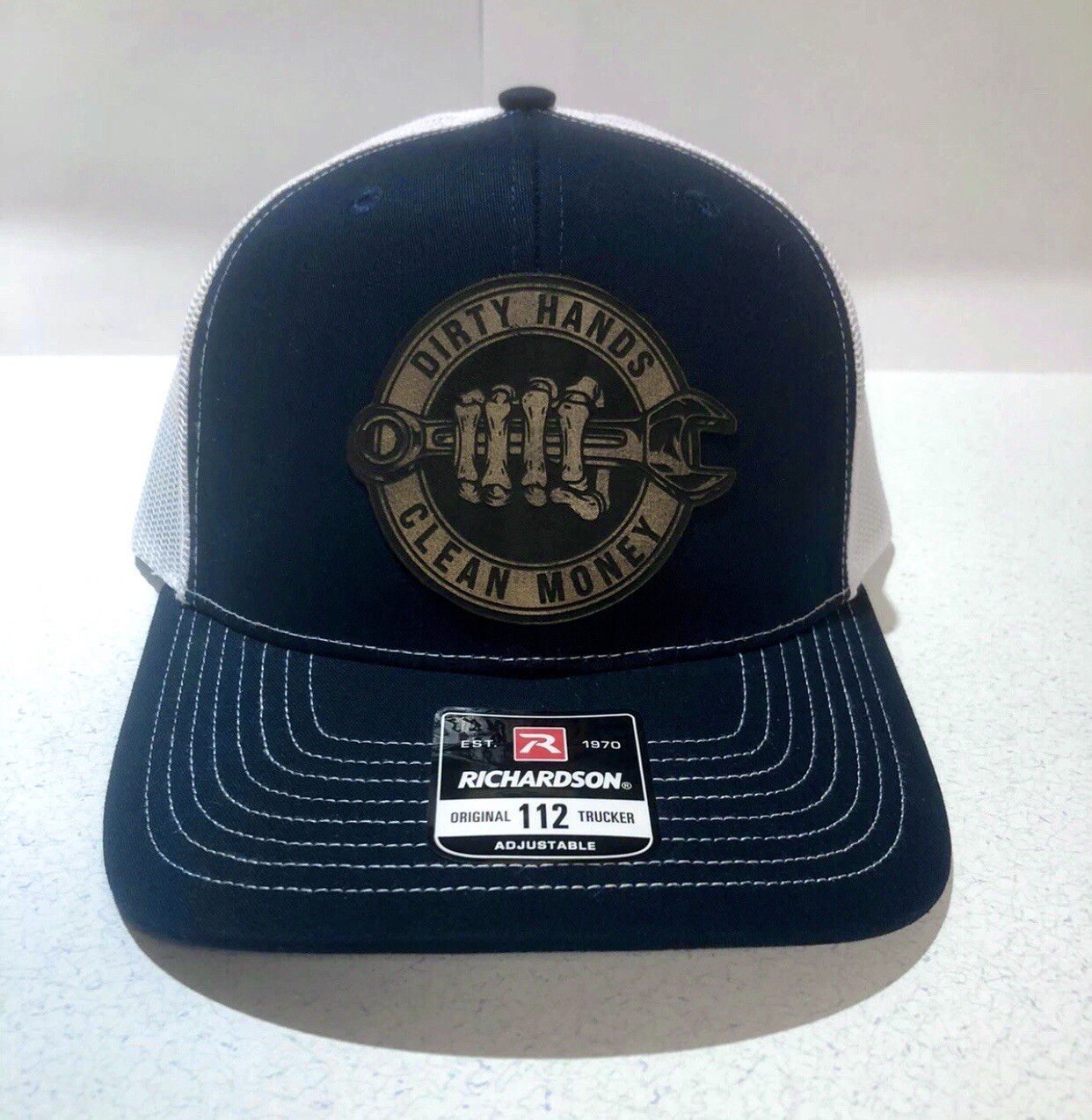 Dirty Hands Clean Money Leather Patch Richardson 112 Hat Navy