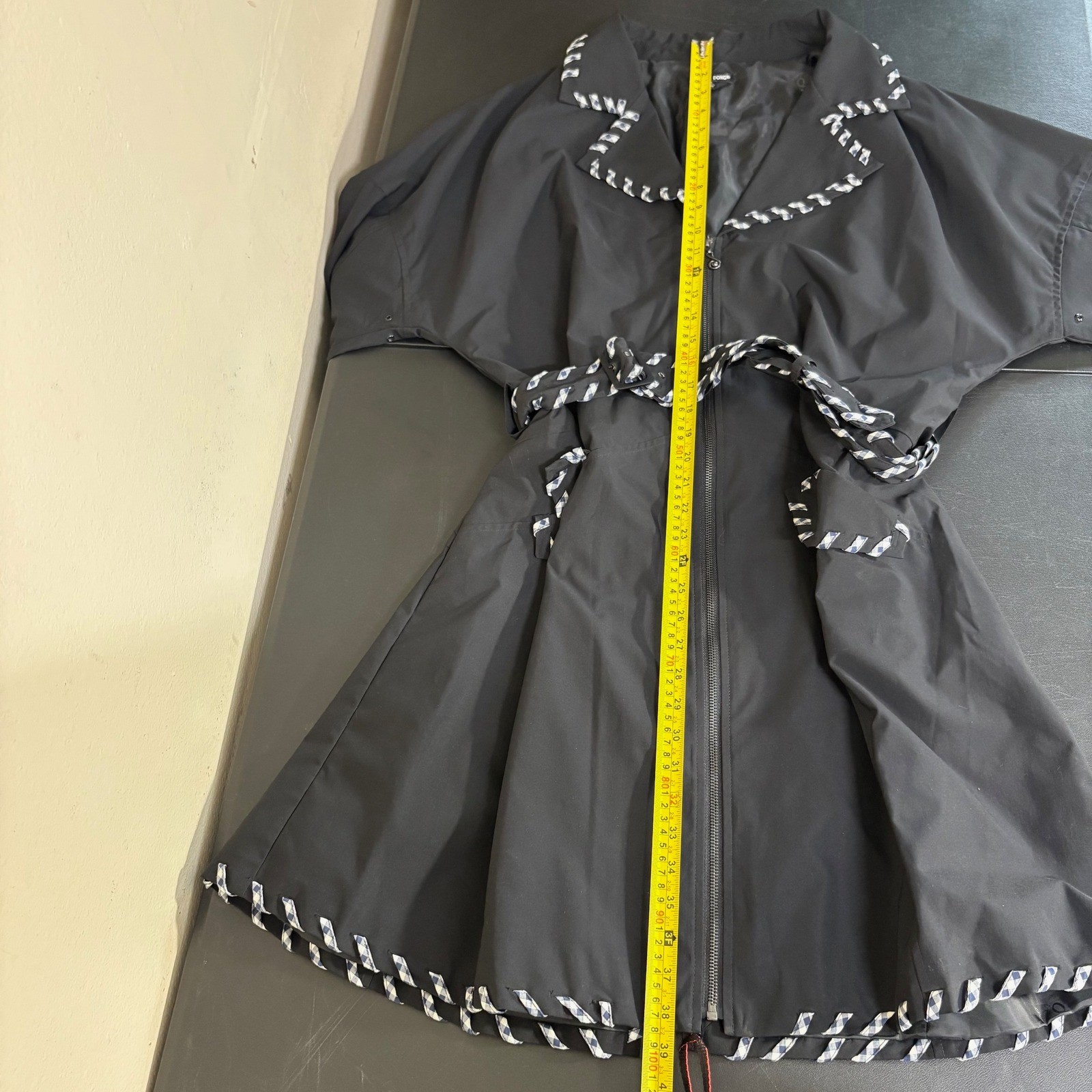 Samuel Dong Trench Coat Women’s XL Black Gingham Ribbon Wrap Trim Belted