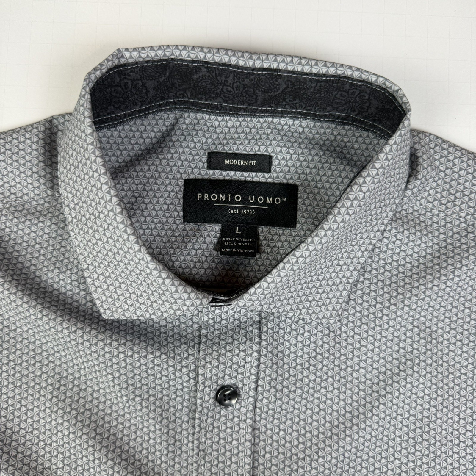 Pronto Uomo Mens Dress Shirt Modern Fit Large Gray Geometric pattern Button-Up