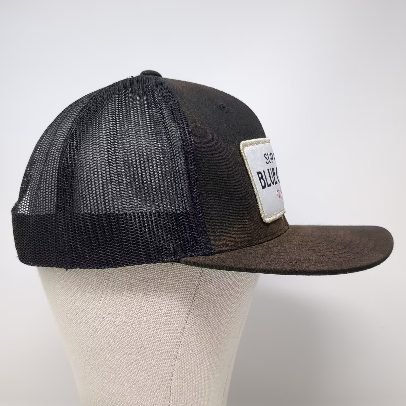 Troll Co Trucker Hat Black White Snapback OS Support Blue Collar Mesh Patch