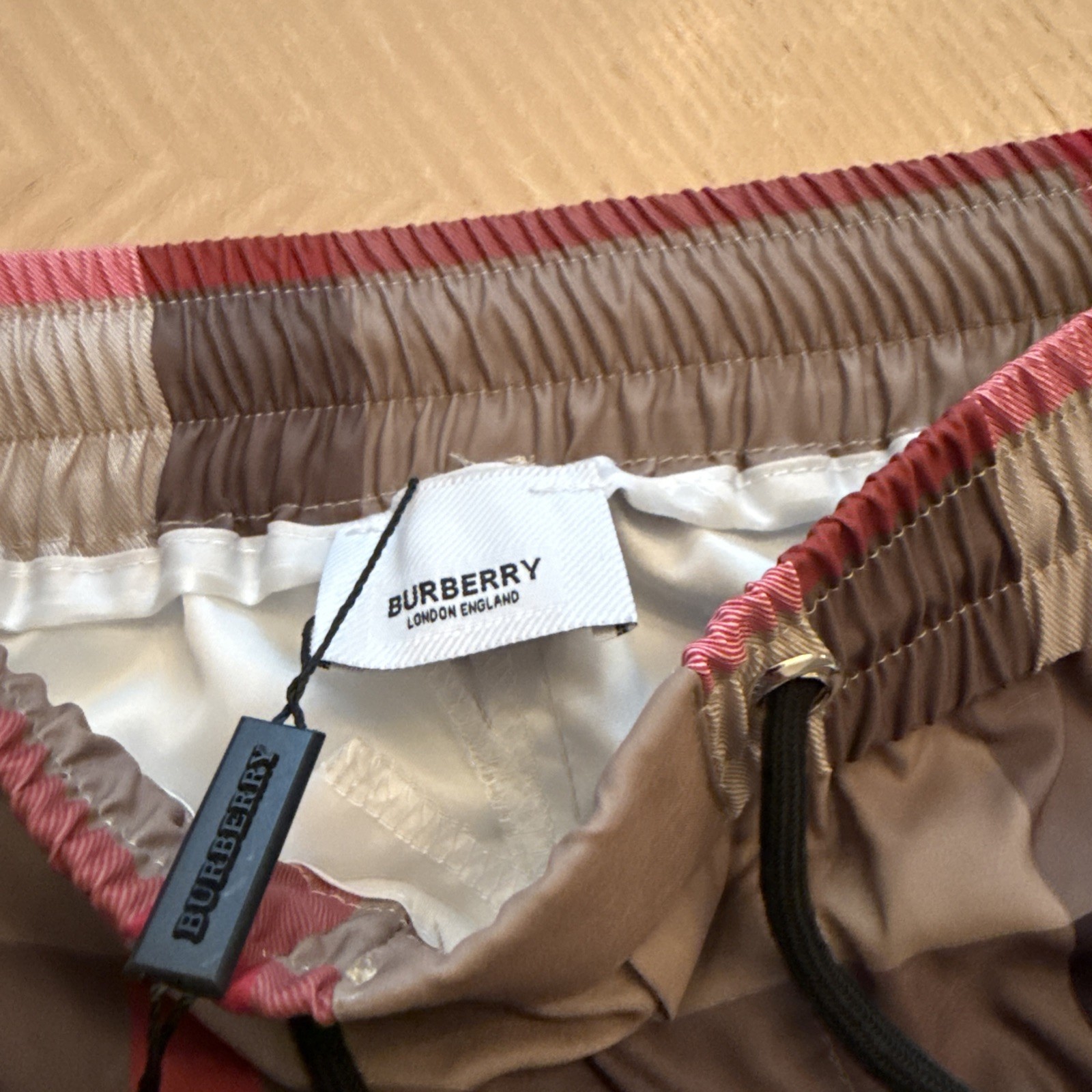 Burberry Boy’s Teens Checker Silk Swim Trunks Draw Shorts Beige Waist Size M