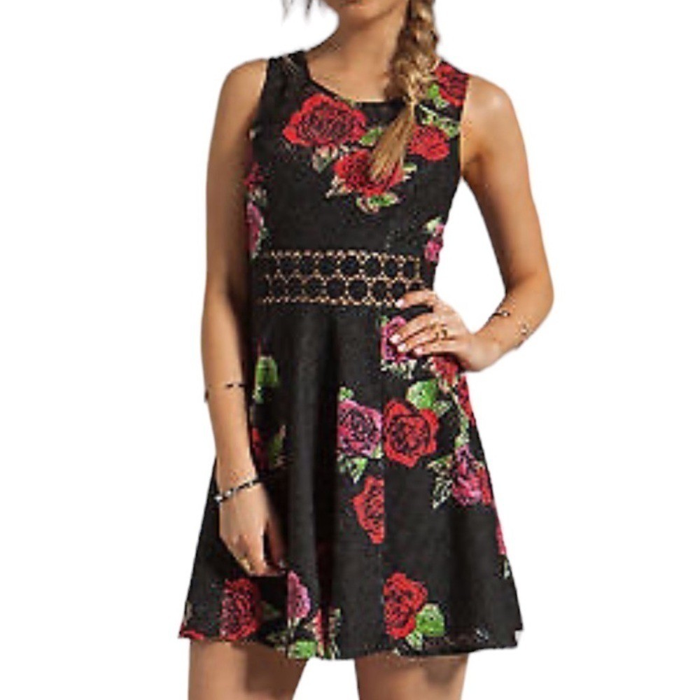 Free People Black Rose Print Fit and Flare Crocheted Daisy Cutout Waist Dress 4