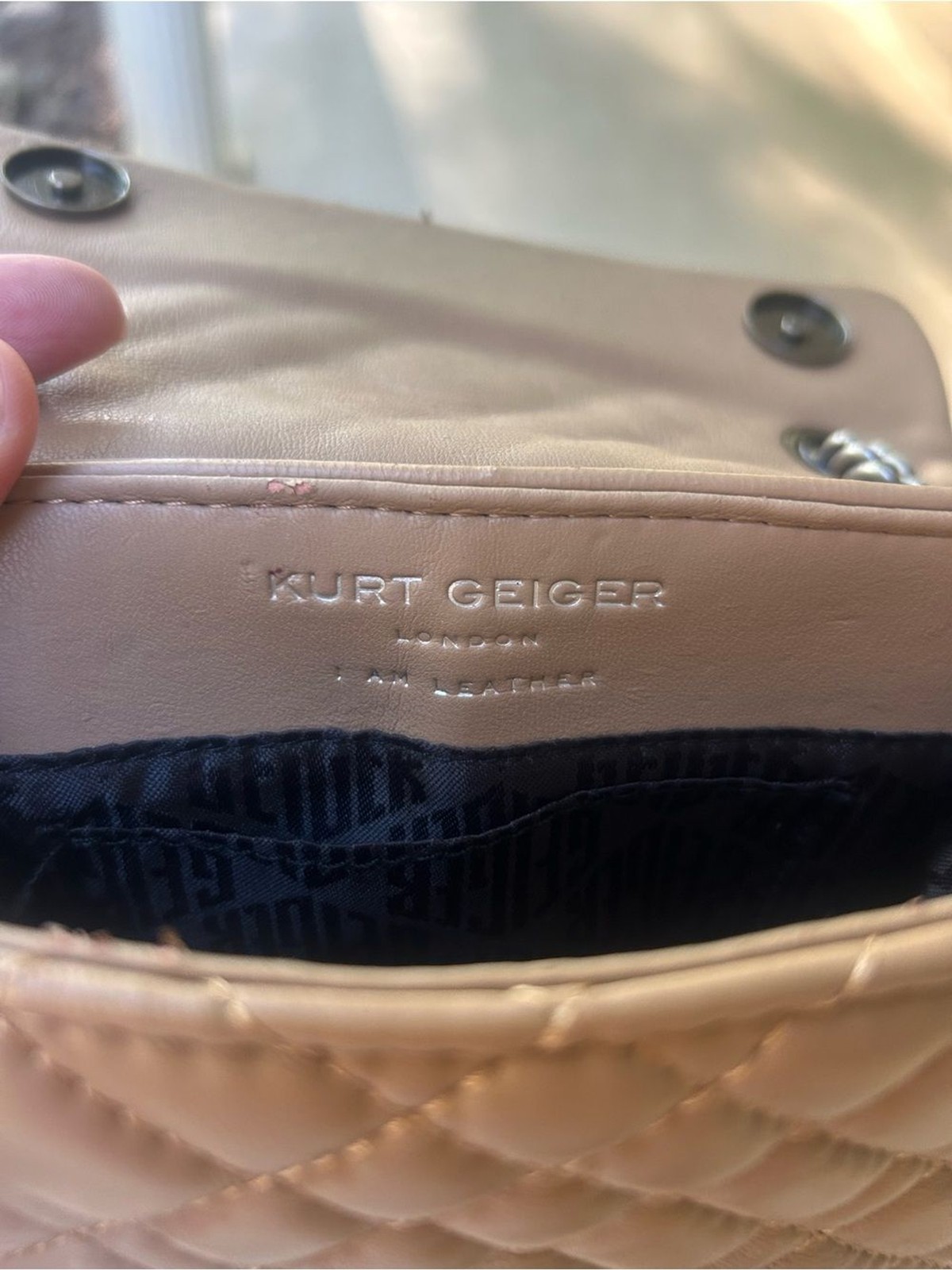 Kurt Geiger Lambskin Quilted Leather Mini Brixton Shoulder Bag with Chain Beige