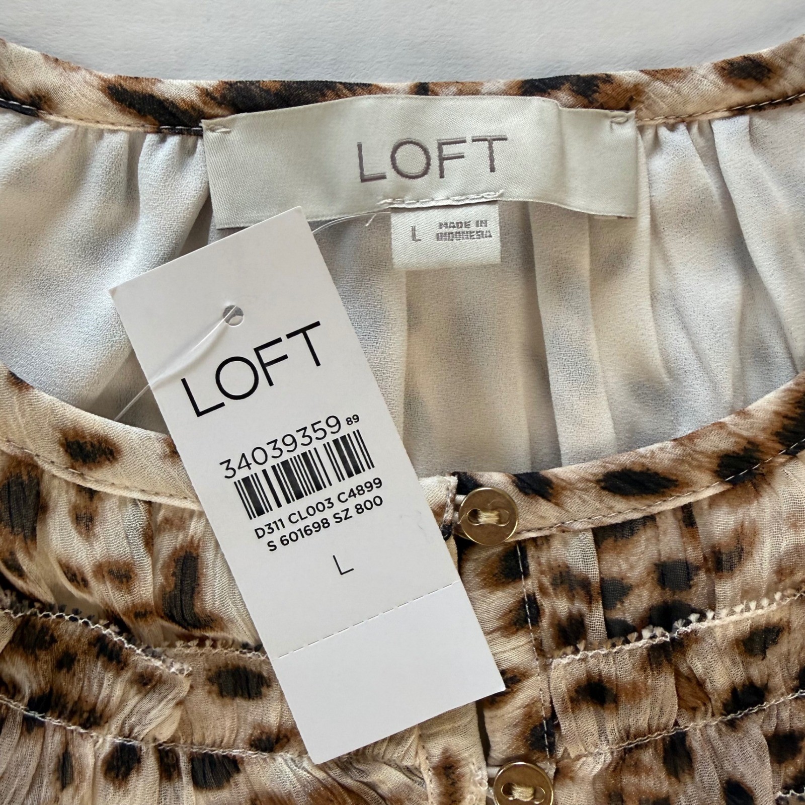 LOFT Leopard Print Ruffle Neck Button Front Chiffon Blouse Brown Large NWT
