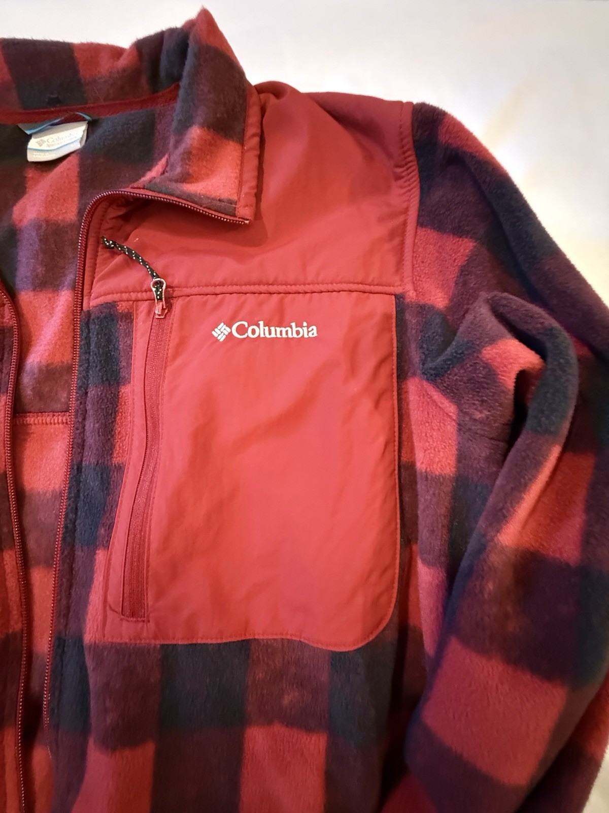 Columbia Men’s Large Red Black Buffalo Plaid Fleece Jacket Full Zip Outdoor