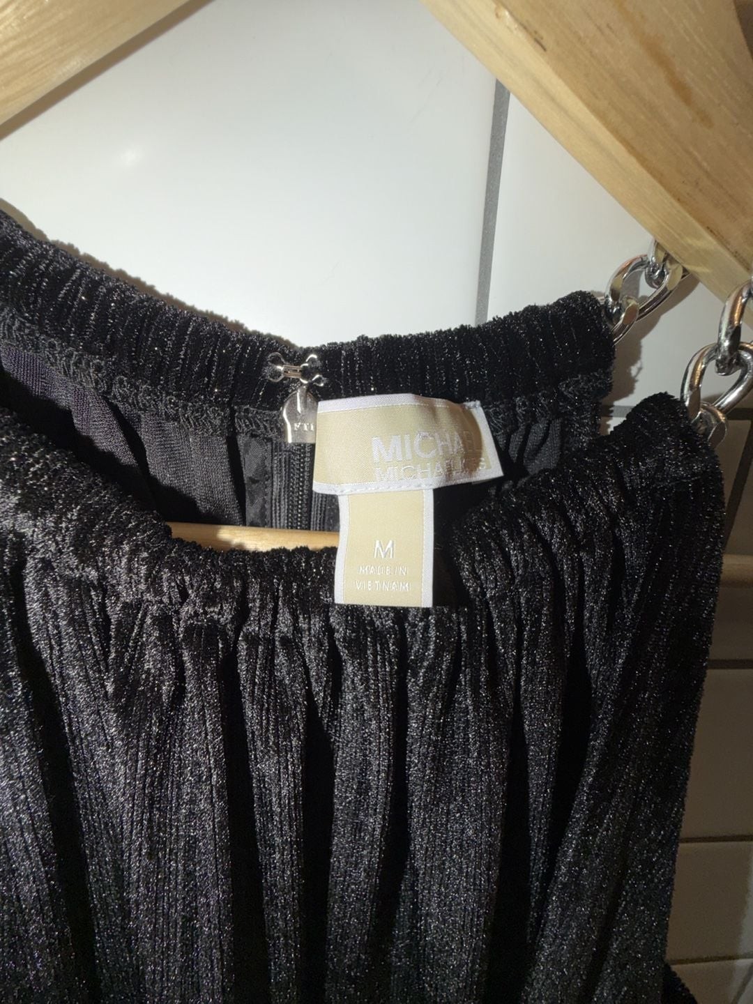 MICHAEL Michael Kors Black Pleated Shimmer Halter Dress with Chain Detail