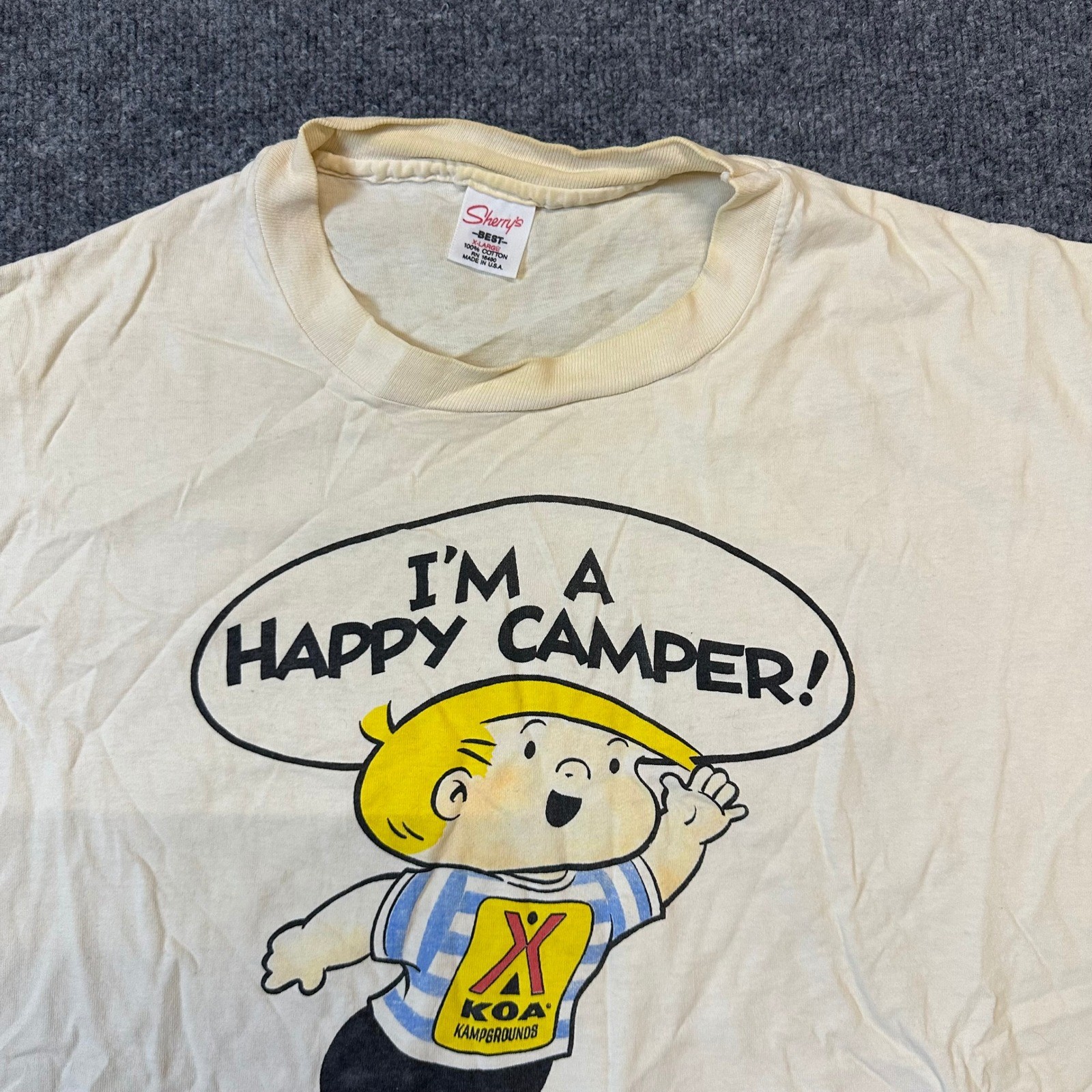 Sherry’s Best T-Shirt Mens XL Cream Happy Camper KOA Kampgrounds Vintage Cotton