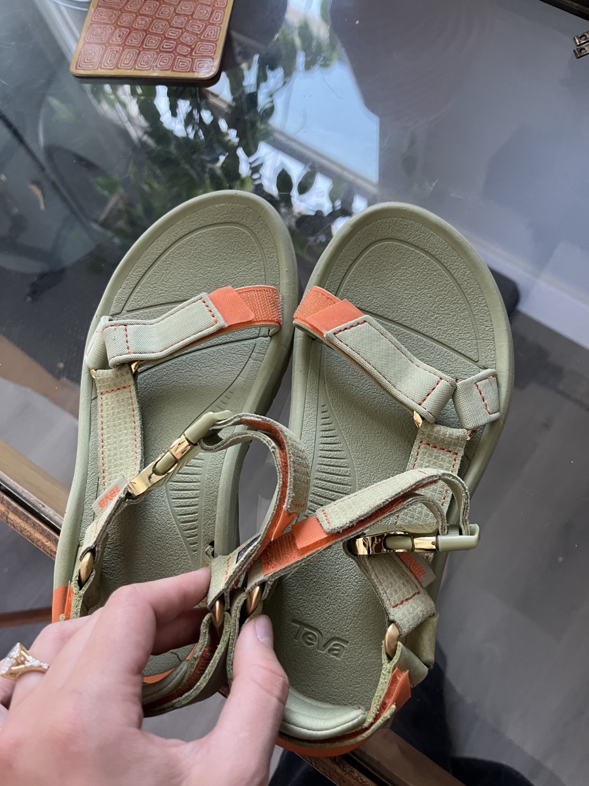 Teva Green Eucalyptus Orange With Gold Buckles Sandals Womens Size 8 Worn Once!
