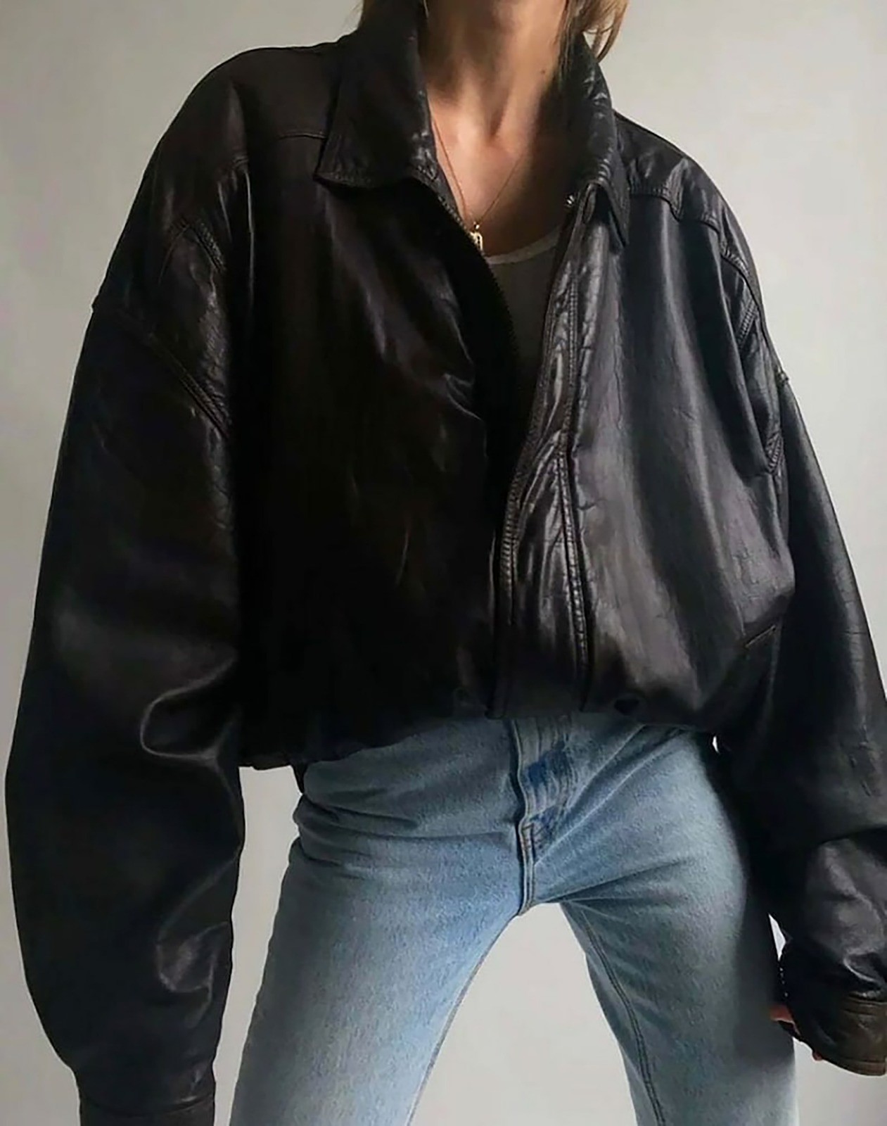 Womens Oversized Black Faux Leather Bomber Jacket Vintage Y2K Casual Coat