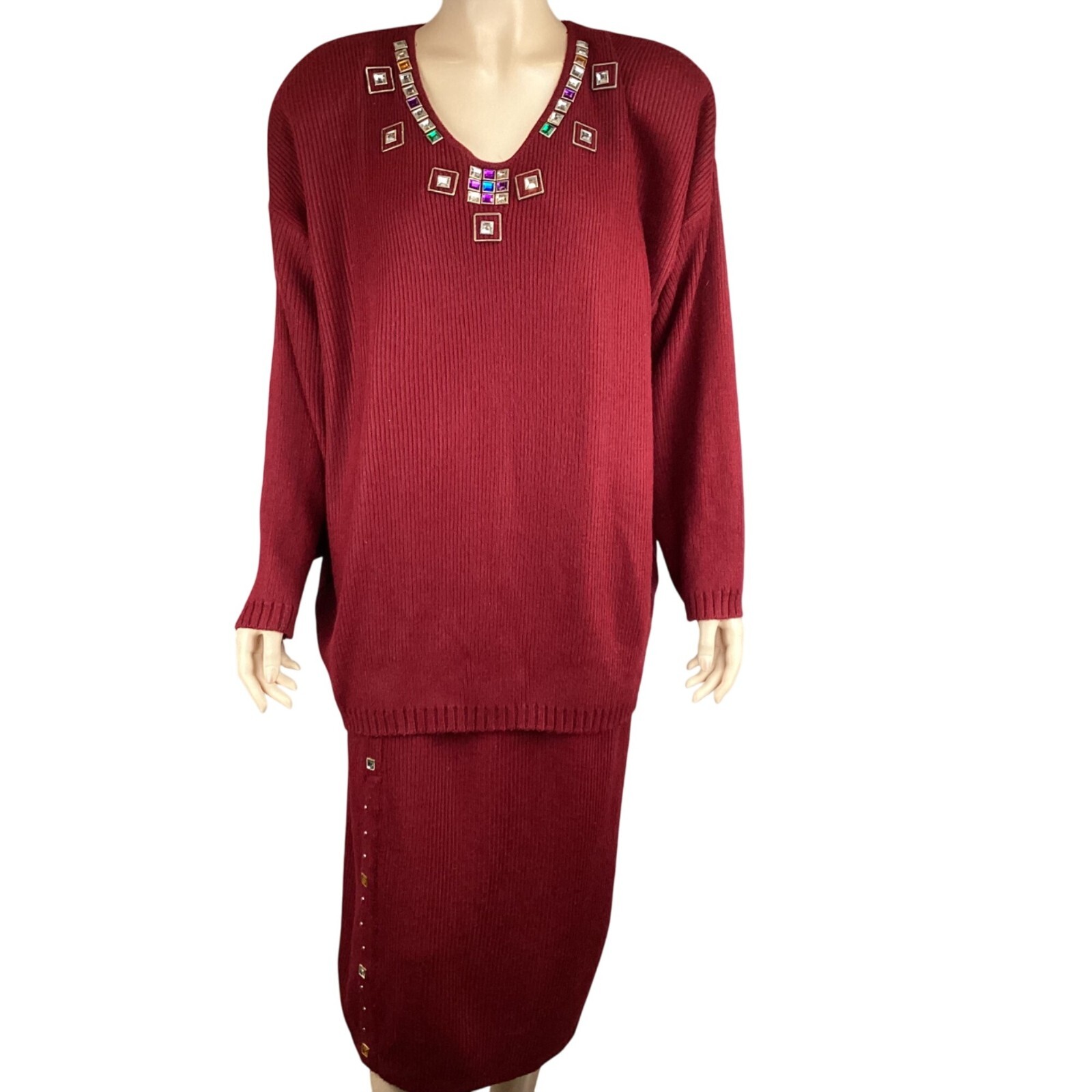Vintage Embellished Red Sweater & Skirt Set One Size Fits All OS Stretch