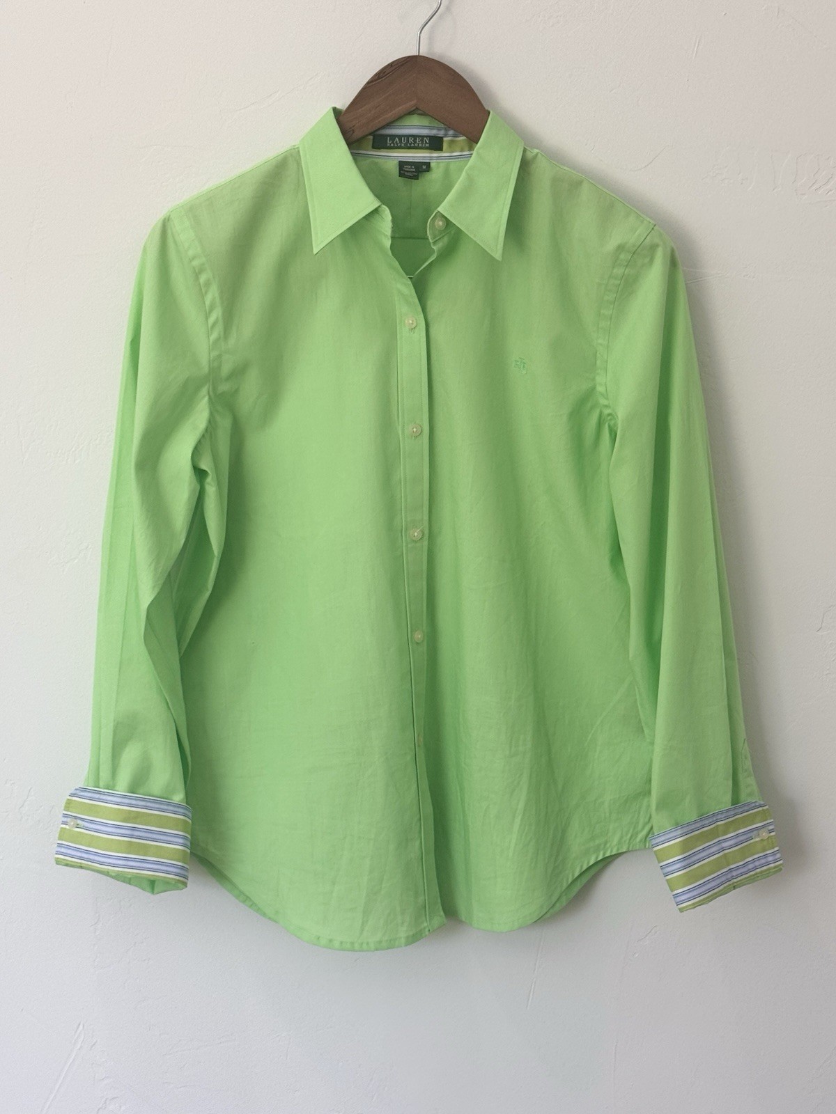 Lauren Ralph Lauren Lime Green Button Up Vibrant Contrast Flip Cuff Size Medium
