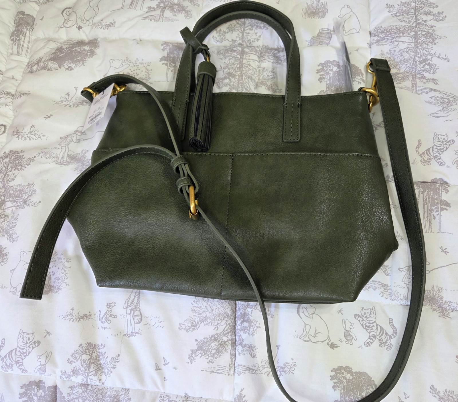 Sonoma Goods For Life Olive Green Mini Tote Zip Inner Pockets Detachable Strap