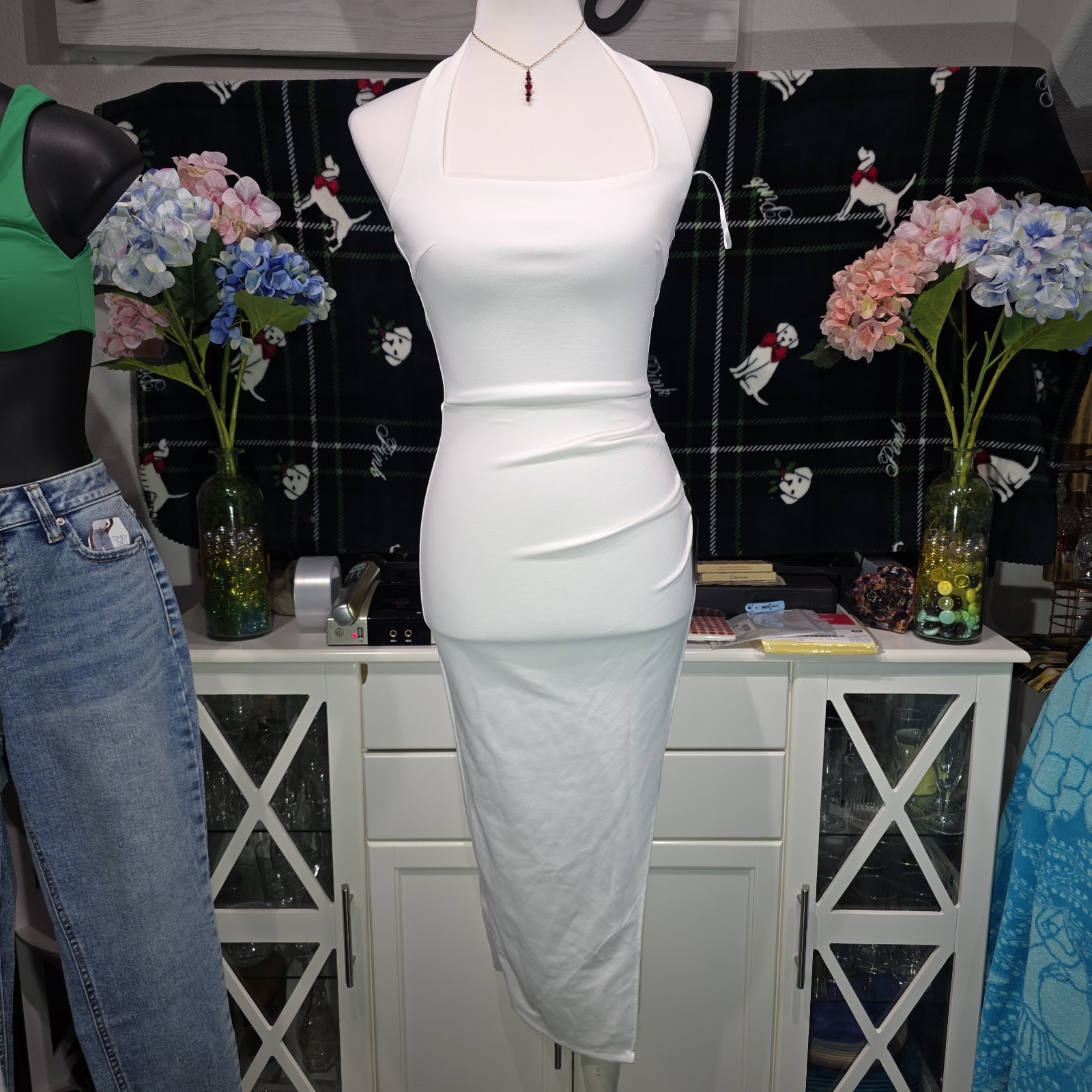 Lulus Prominent Charm White Halter Bodycon Tulip Midi Dress Size XS New NWT