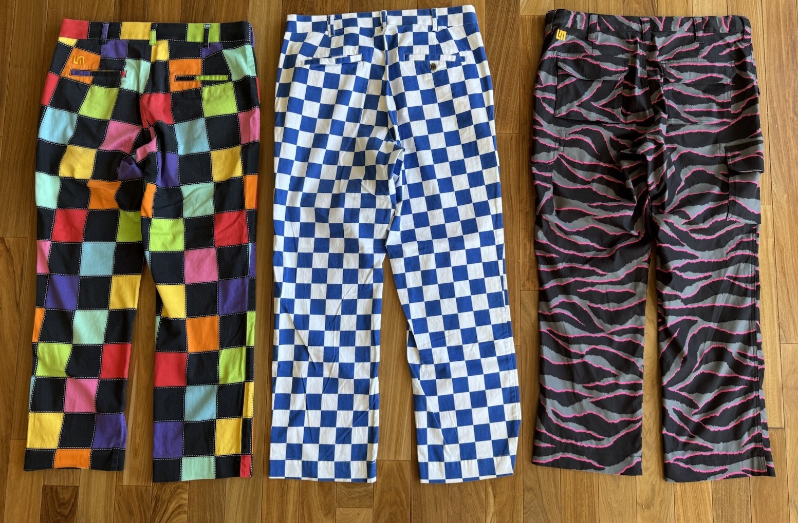 Loudmouth Men’s Golf Pants Sz 34 LOT Of 3 Pink Tiger & Rainbow& Blue Checkered