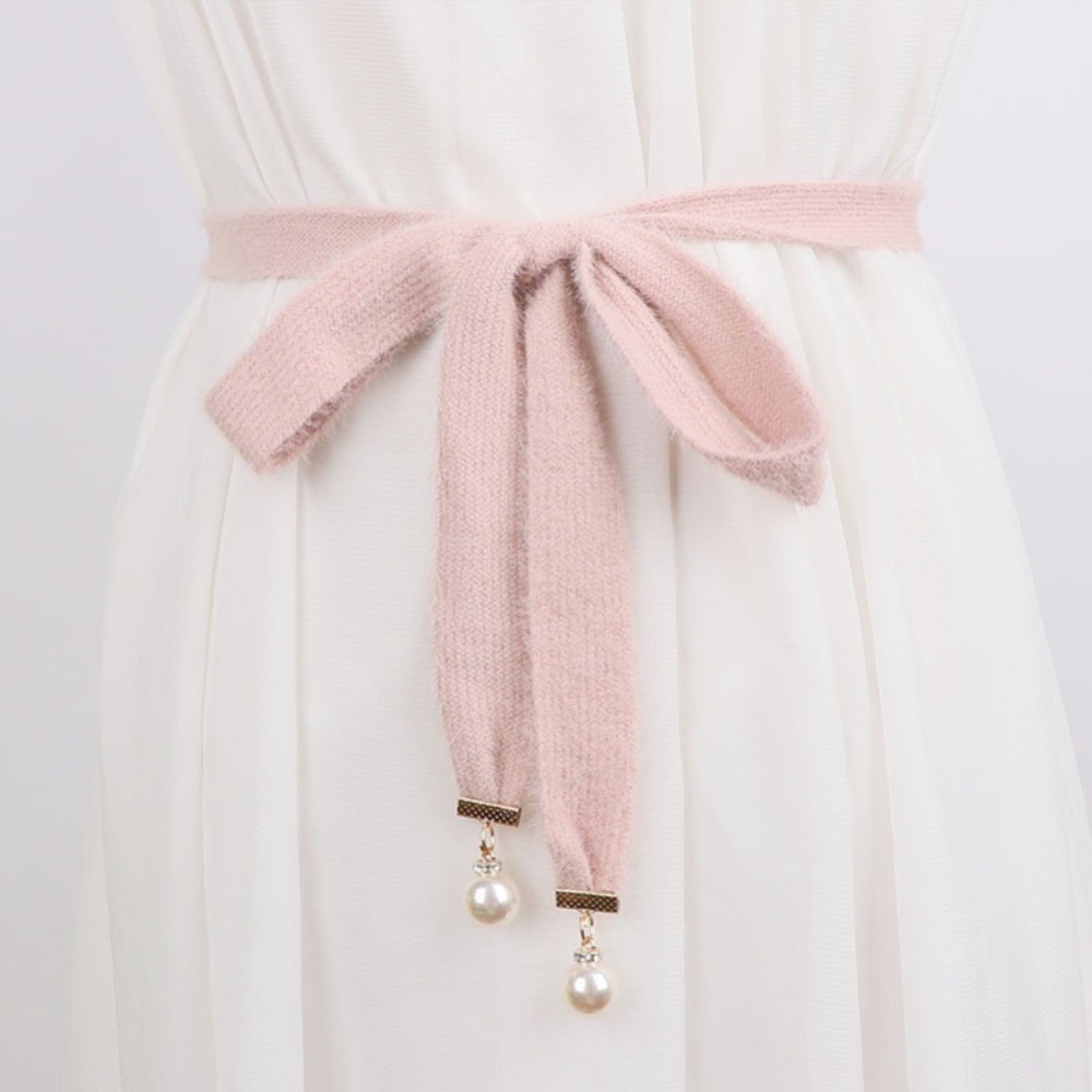 Women Knitted Beaded Belt Waistband Tie Ribbon Strap for Sweater Jumper Cardigan