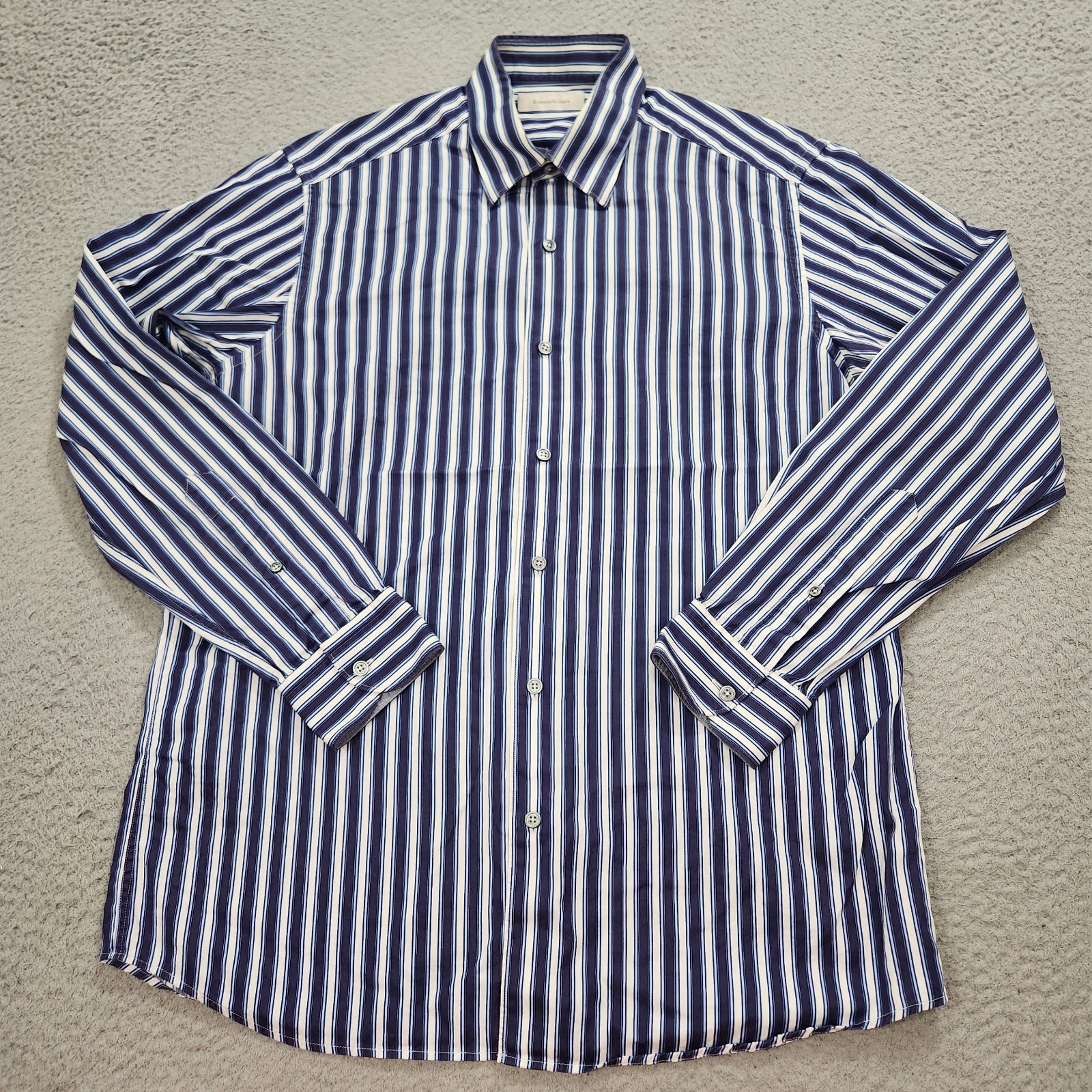 Ermenegildo Zegna Shirt Mens Large Blue Striped Button Down Cotton Dress Italy a