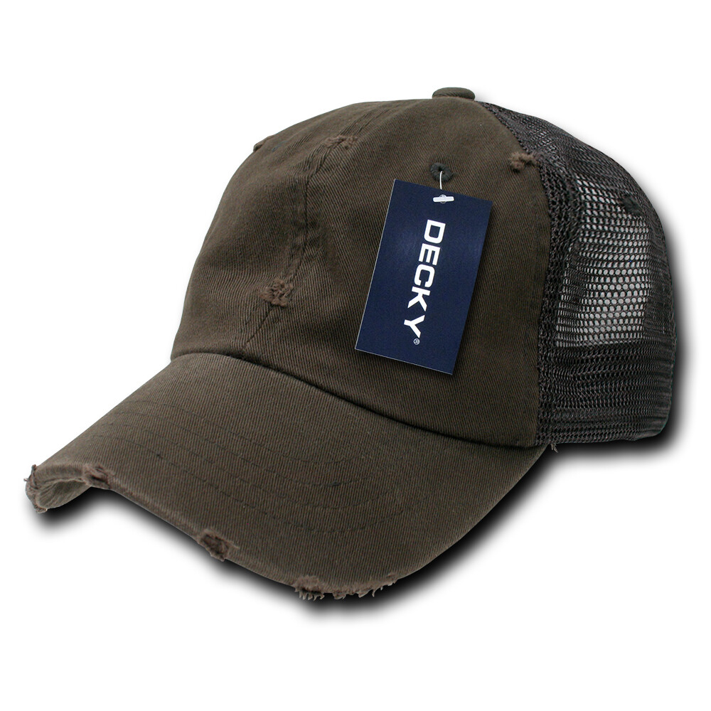Distressed Mesh Cap – Chocolate, Cotton Trucker (Decky 110-CHOCOLATE)