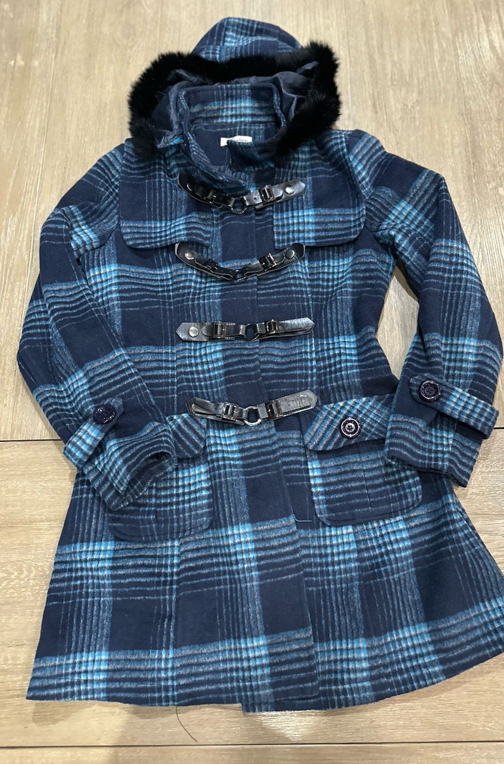 Maxine VINTAGE Y2K WOOL PEACOAT Large Blue Plaid fur trim buckle toggle punk