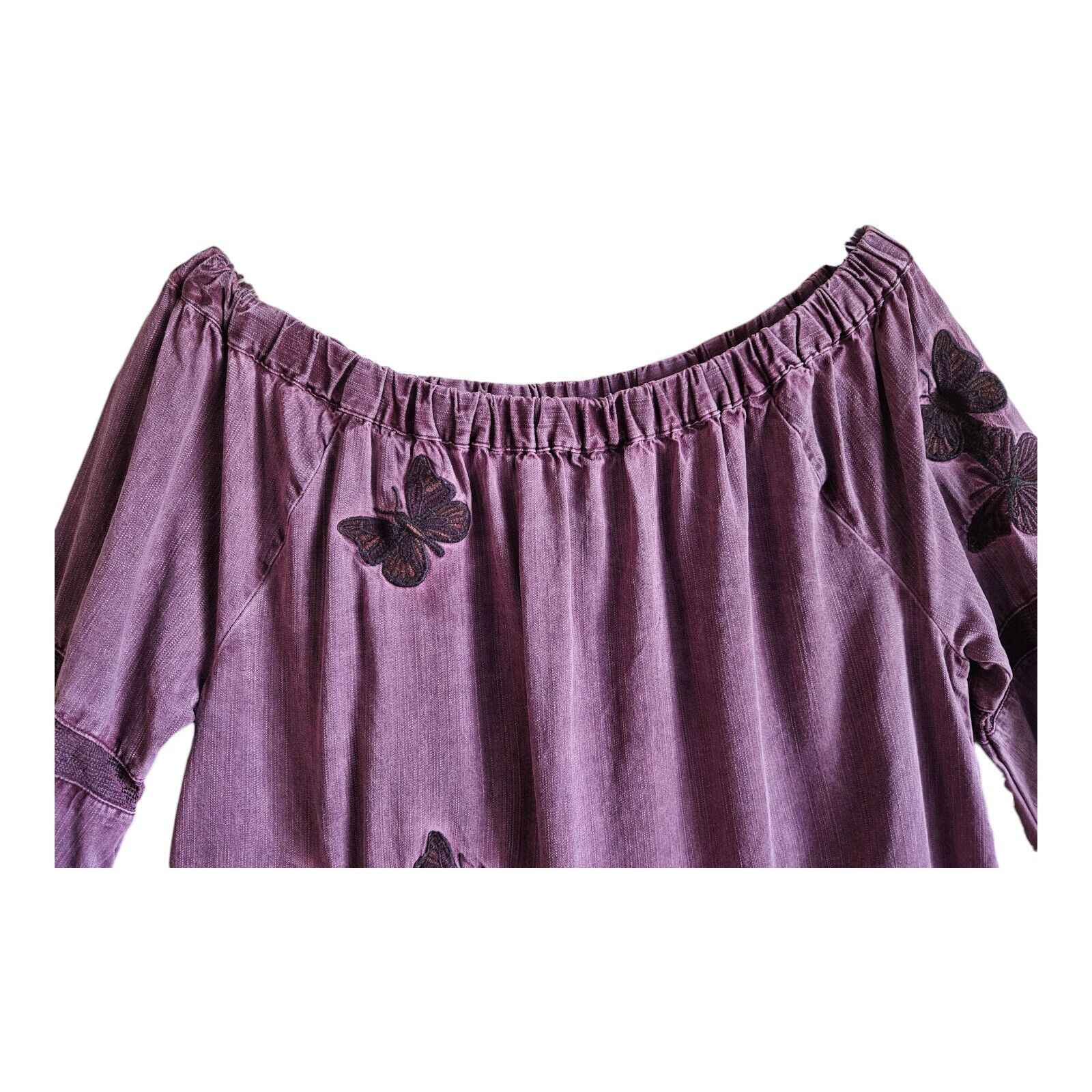 STANDARD GRACE M Boho Blouse On Off Shoulder Embroidered Frayed Hem Tencel 38″