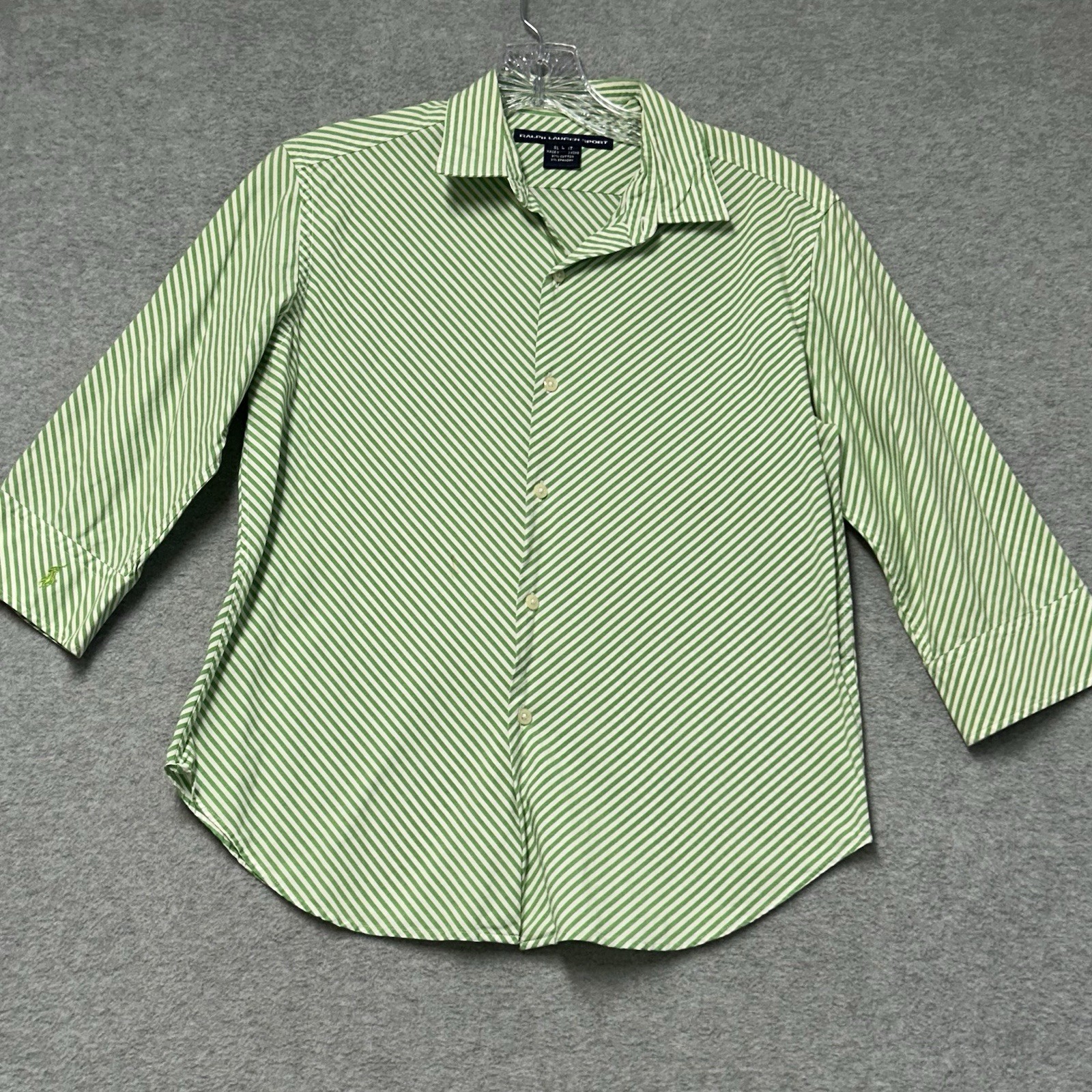 RALPH LAUREN SPORT Shirt Womens L Slim-Fit 3/4 Sleeve Green White Stripe FLAW