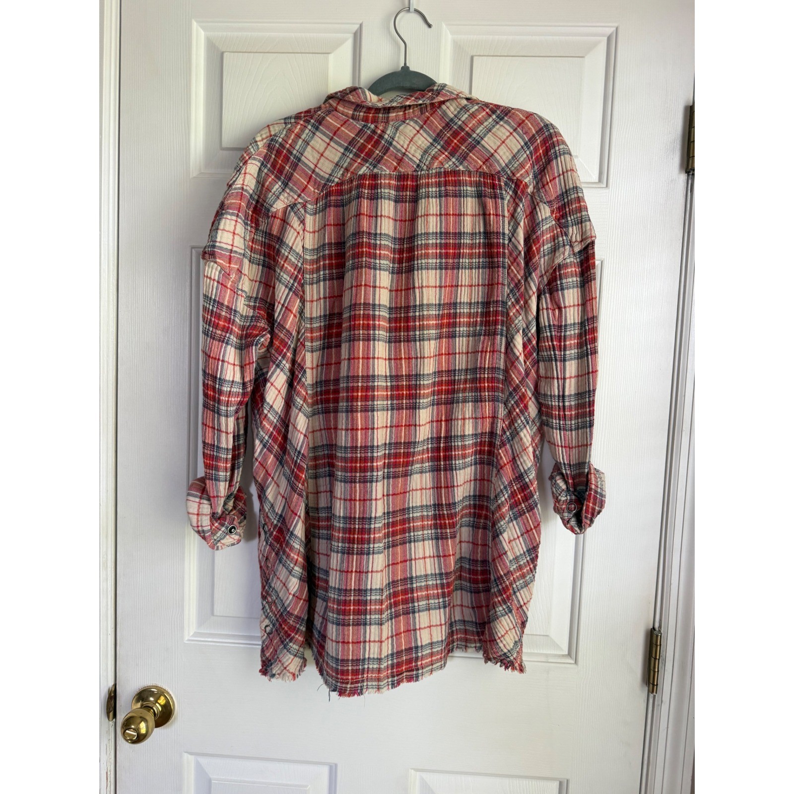Free People Red Plaid Button Down Shirt Raw Hem Oversized Flannel