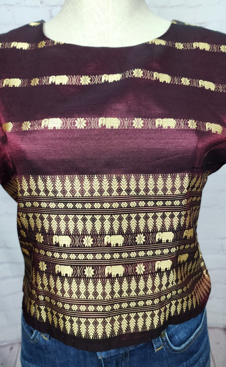 Thai Silk Blouse Top Embroidery Elephants Burgundy Gold Boho Bollywood Tribal L