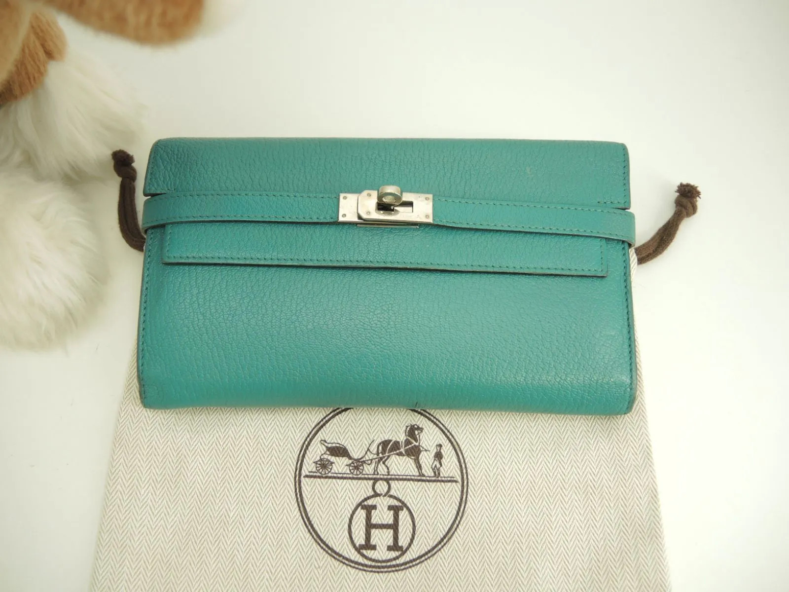 HERMES Kelly Long Wallet Chevre Blue Paon Silver Hardware Bifold Purse 7.8×4.5in