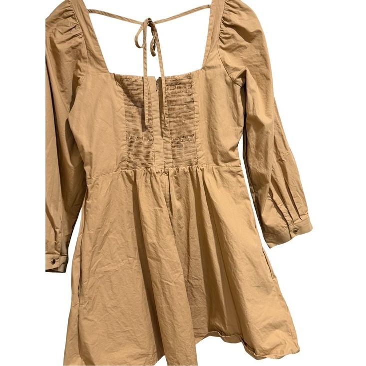🌟 By Anthropologie Square-Neck Poplin Mini Dress Beige Long Sleeve Size Medium