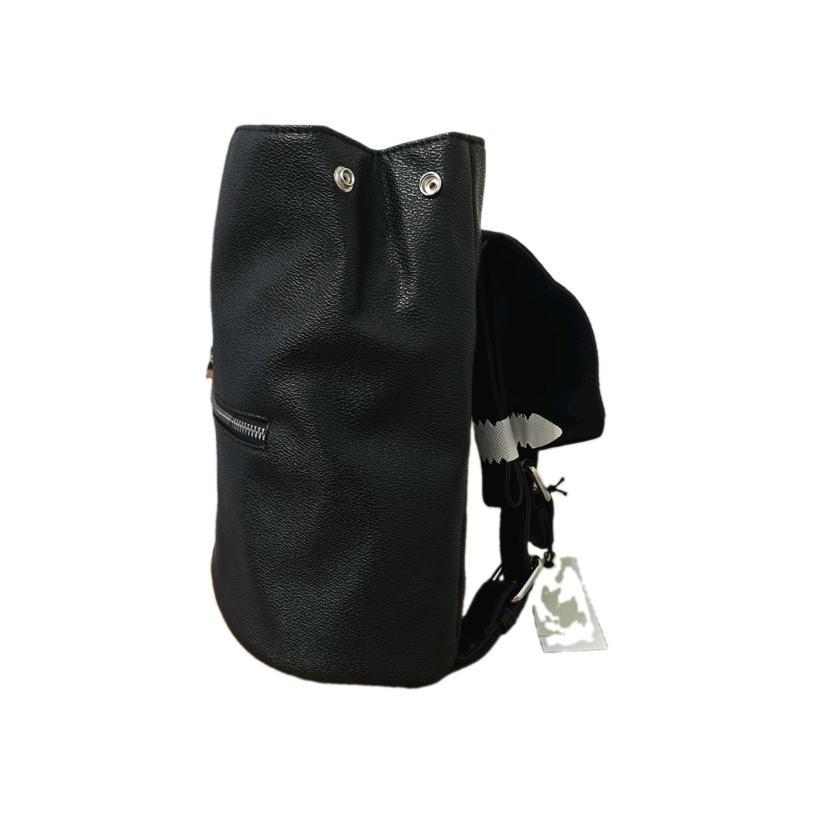 LOUME Black Pebbled Backpack Silver Hardware Front Zip Pocket Magnetic Buckle