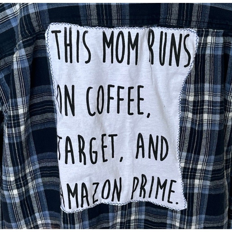 This Mom Runs on Coffee Plaid Flannel Shirt XL Classic Oversized Unique Quote