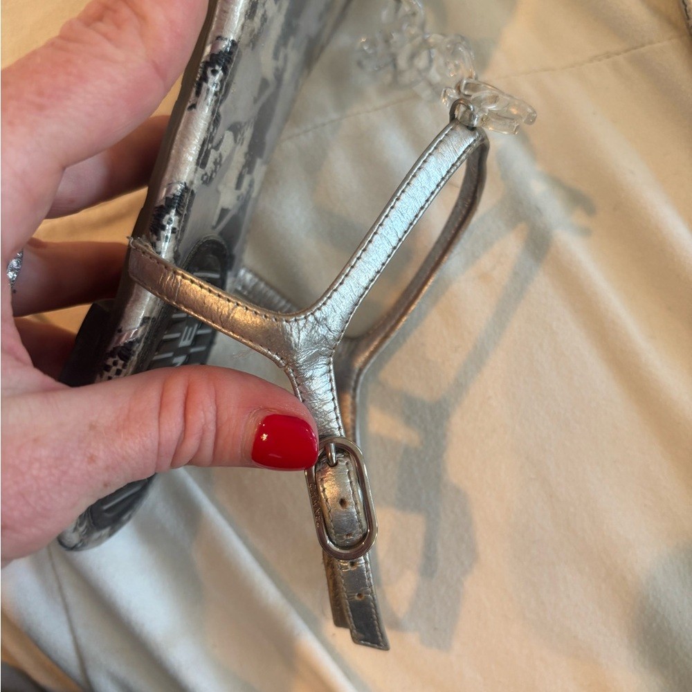 CHANEL Silver T-Strap Sandals with Clear Lucite Chain , Size 35