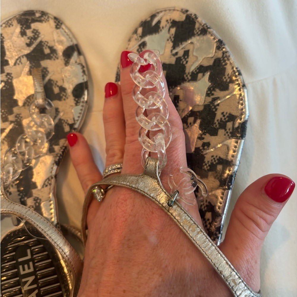 CHANEL Silver T-Strap Sandals with Clear Lucite Chain , Size 35