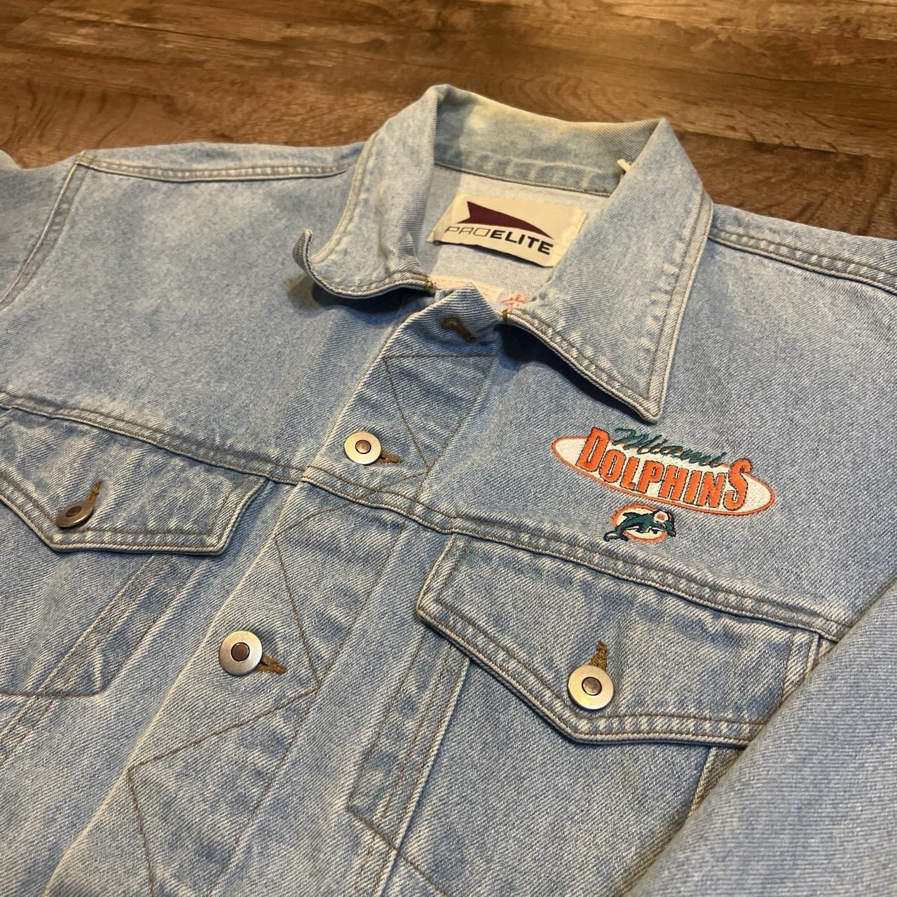 Vintage 90s Pro Elite Miami Dolphins Light Blue Denim Trucker Jacket Size L