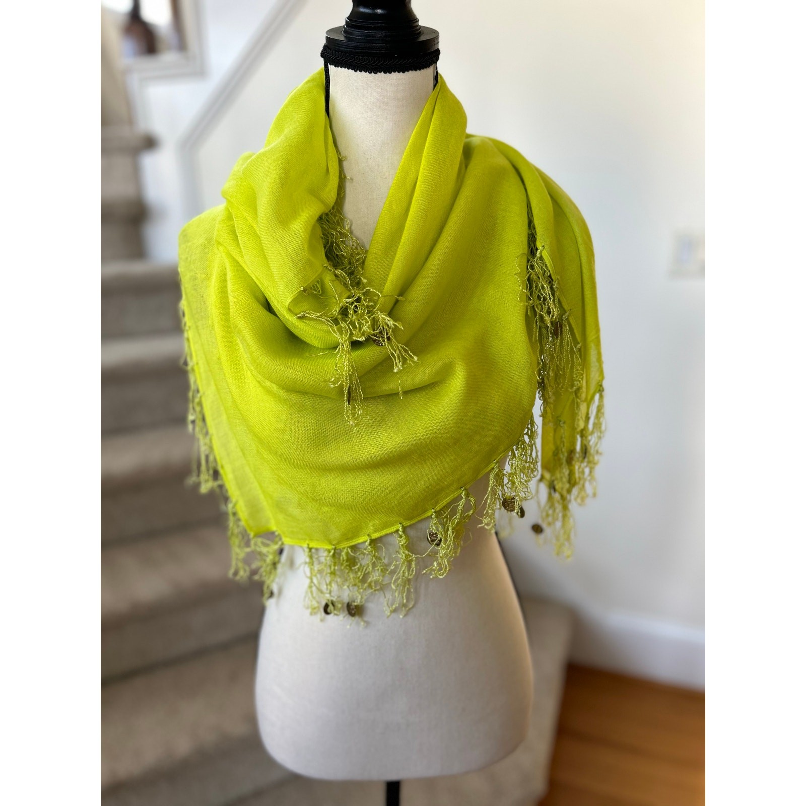 Echo Lime Green 42×42 Square Fringe Golden Coin Dangle Scarf