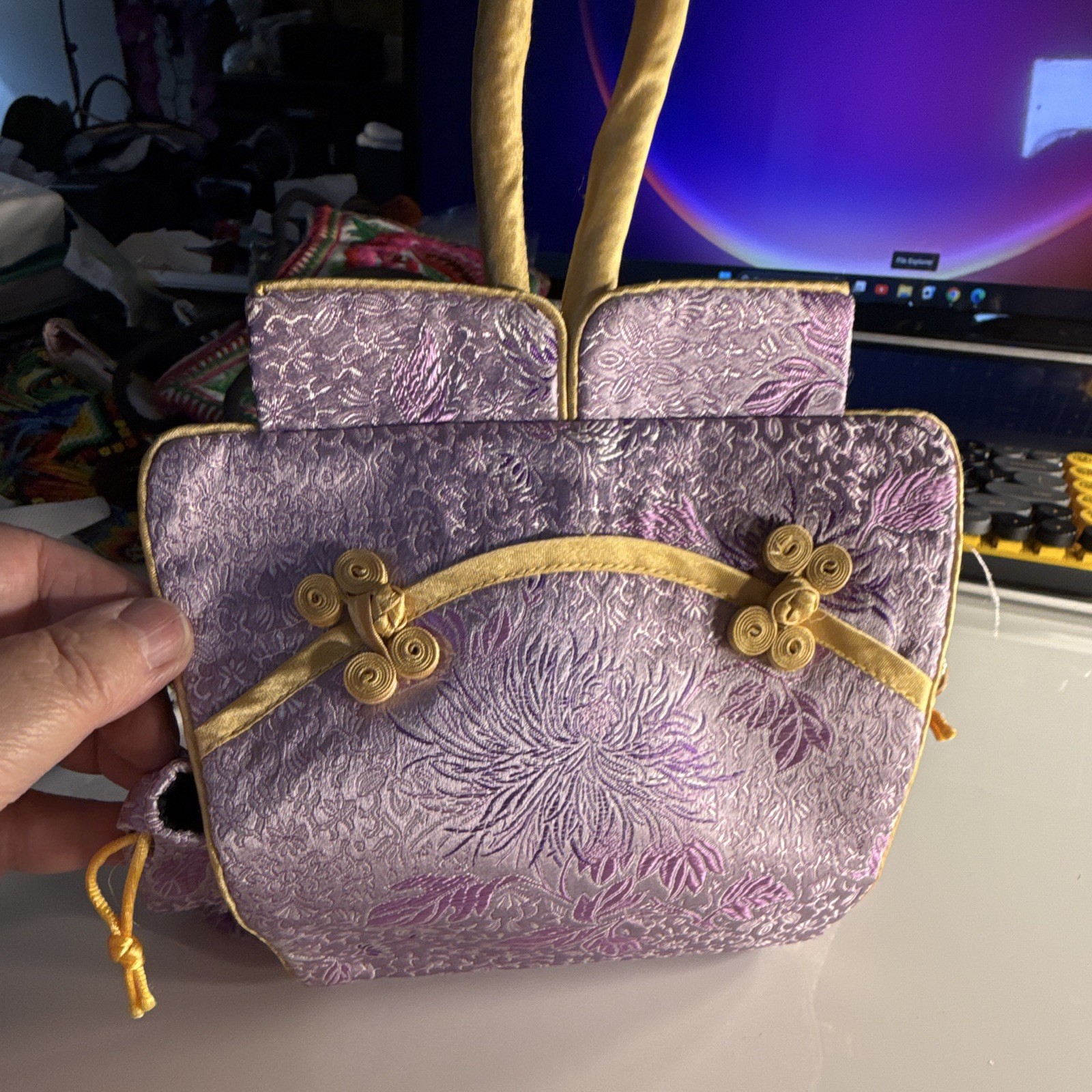 Purple/Gold Floral Tote Bag Double Handles Drawstring Closure Coin Purse