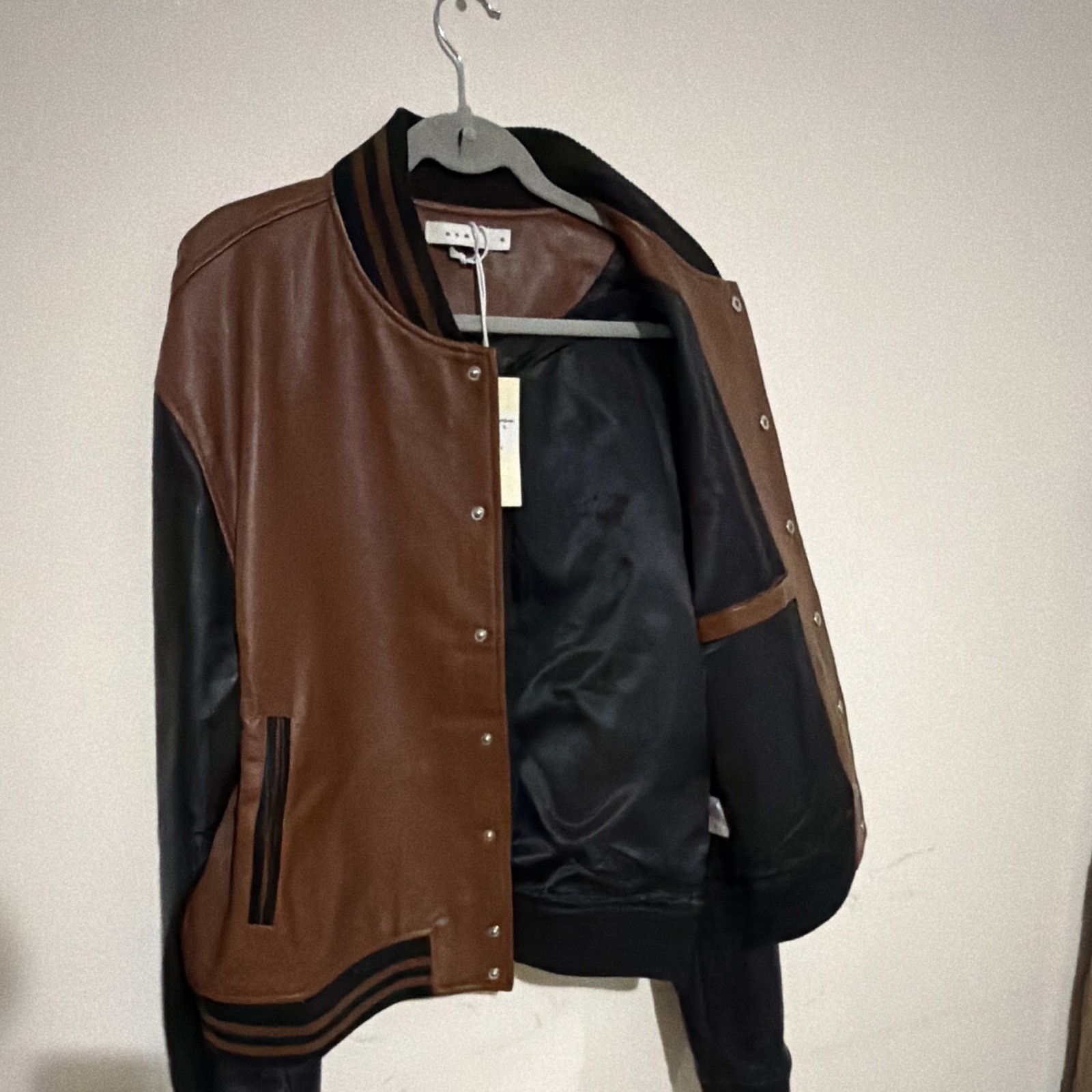 mnm Men’s Varsity Jacket Brown/Black Snap-Button Front Logo Striped XL