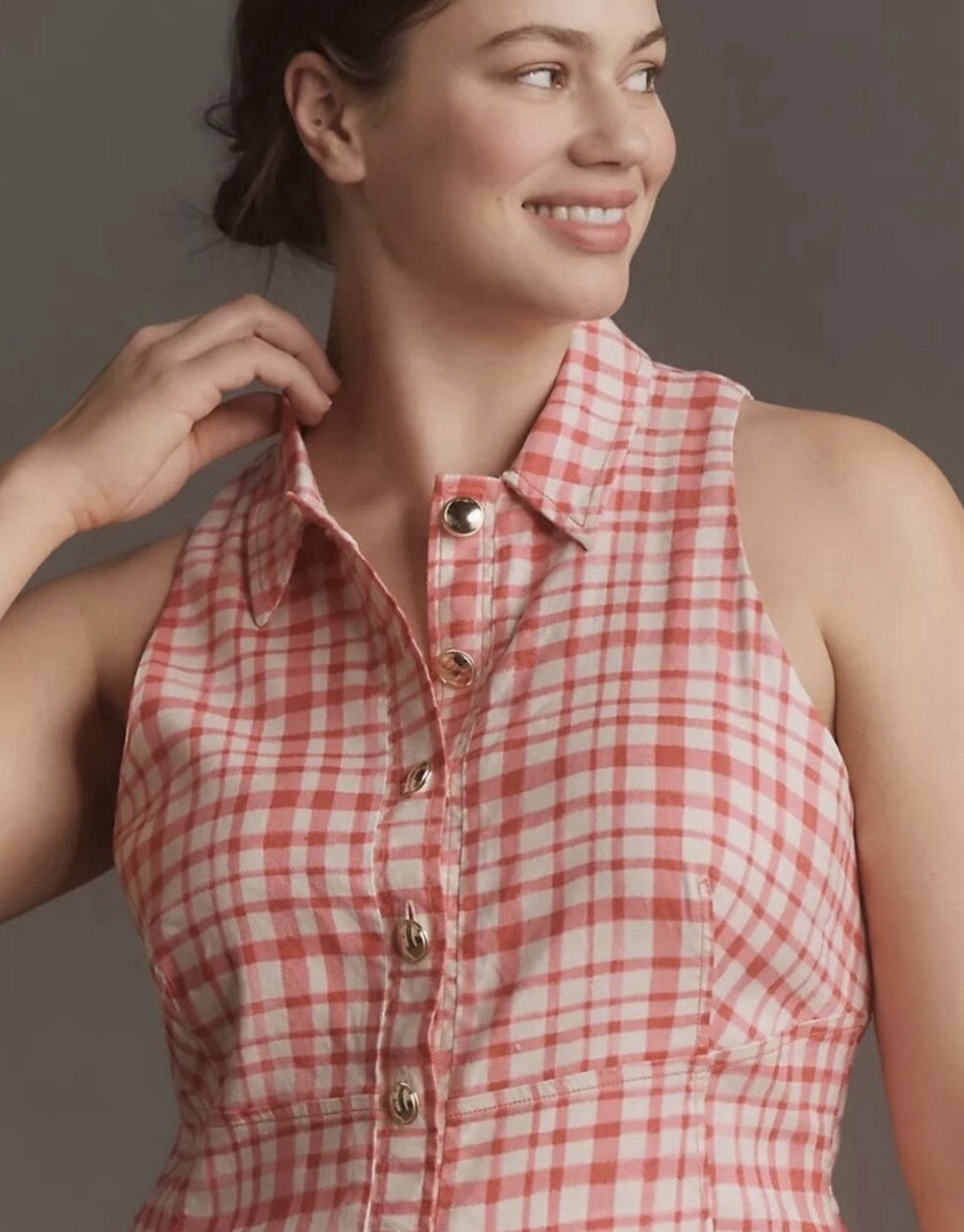 Maeve Pink/White Gingham Collared Shirt Dress Button Front Pockets Lined XL