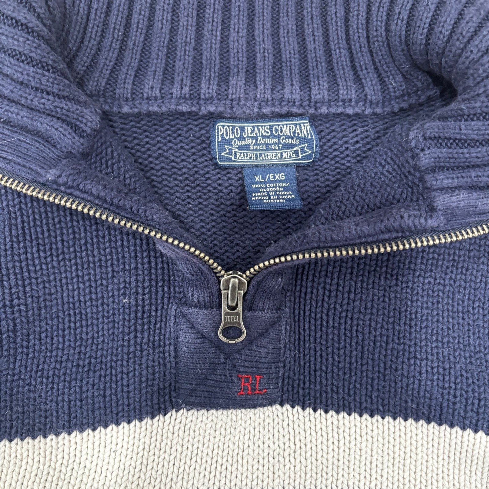 Polo Jeans Company Men’s Navy Blue & White Striped 1/4 Zip Knit Sweater