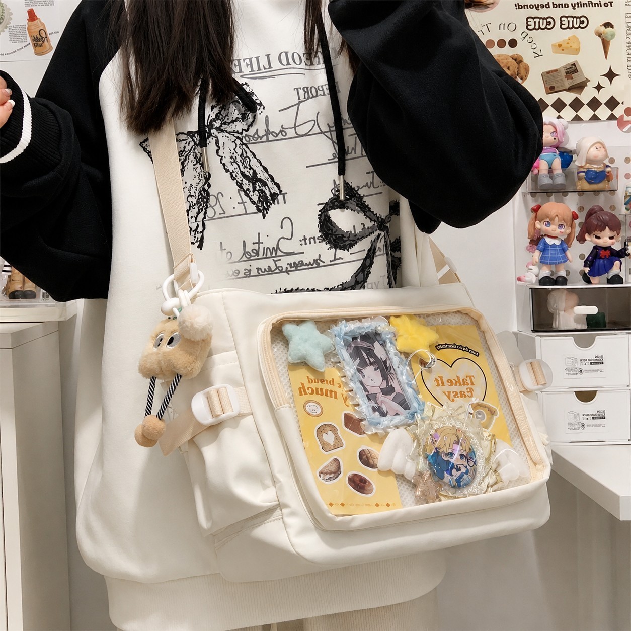 Preppy Style Transparent Large Capacity Shoulder Crossbody Bag + Plush Pendant