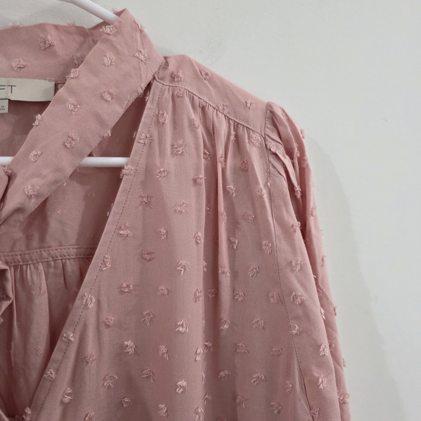 Loft Womens Top Size Medium Pink Button Up Peasant Boho Swiss Dot Scarf Neck