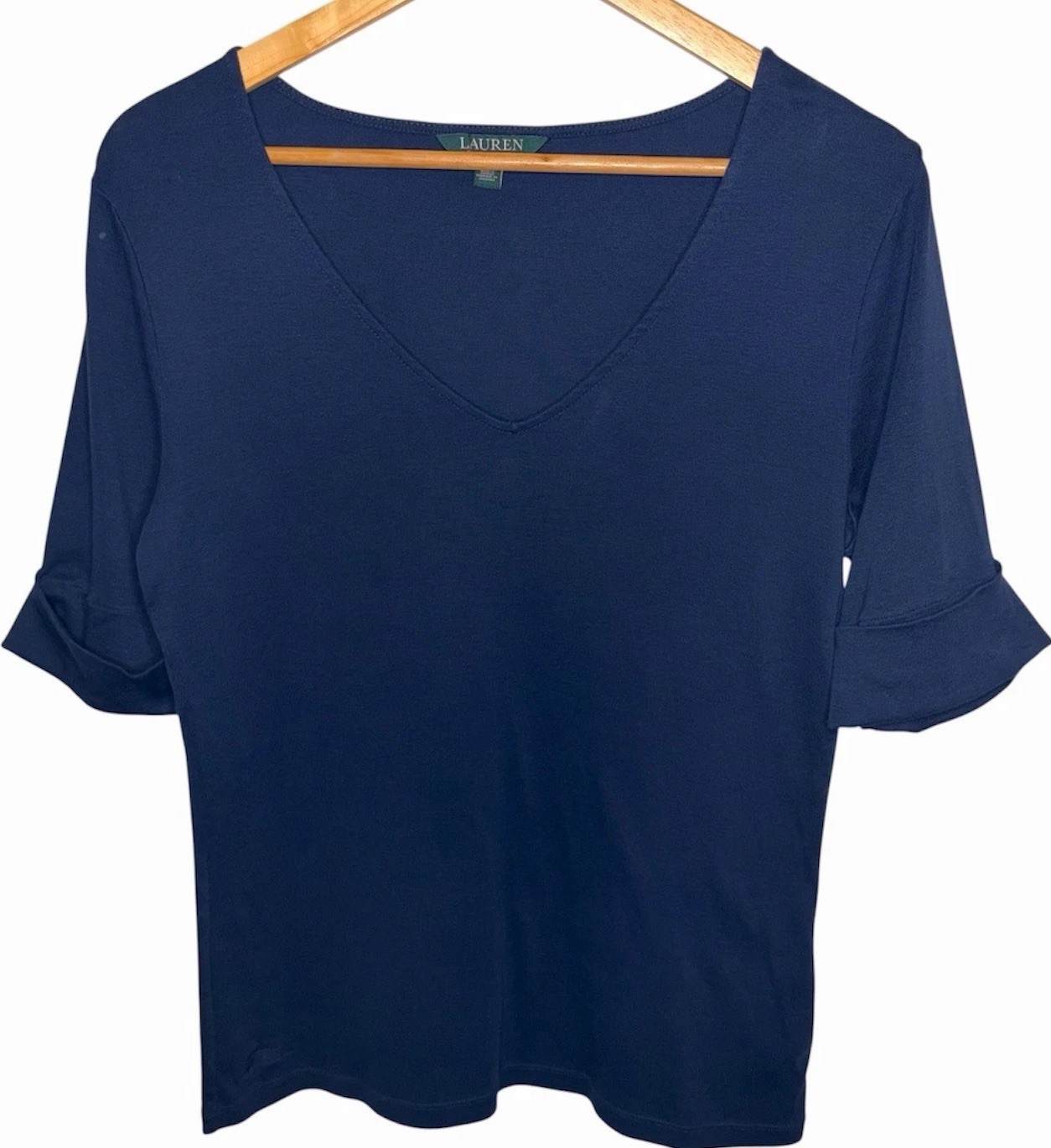 Lauren Ralph Lauren Top Navy Blue Cotton Knit V-Neck Ribbed Sleeve Size L