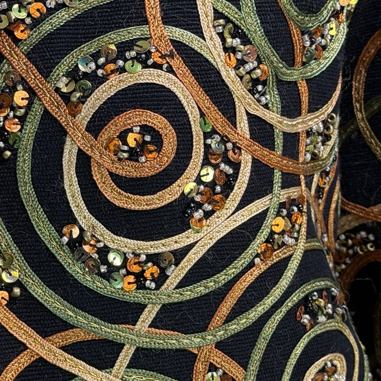 ANAGE Jacket Blazer Black Spiral Ribbons Gold Tones Beaded Artsy XL Unique
